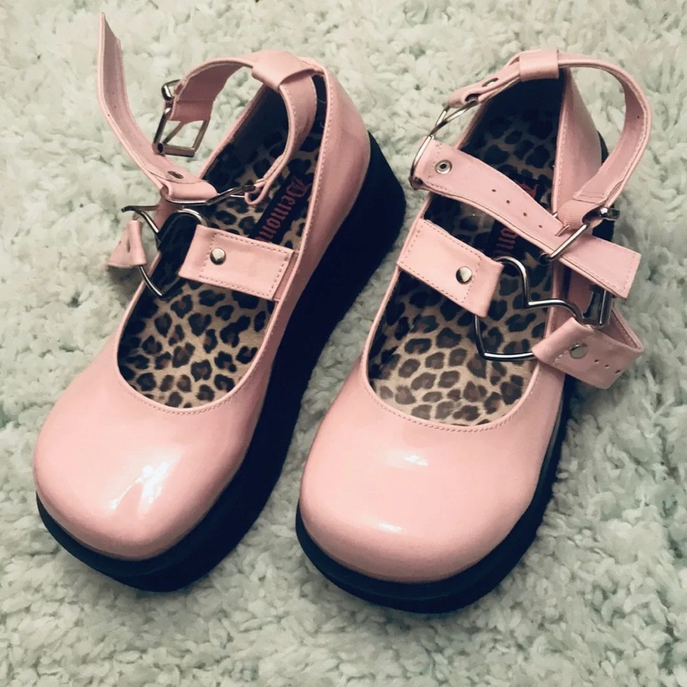 Demonia Pink Patent Heart-Strap Platform Mary Janes